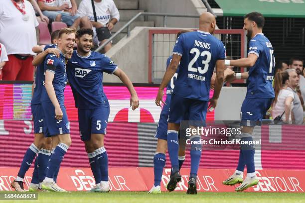 The team of Hoffenheim celebrates the first goal during the Bundesliga match between 1. FC Köln and TSG Hoffenheim at RheinEnergieStadion on...