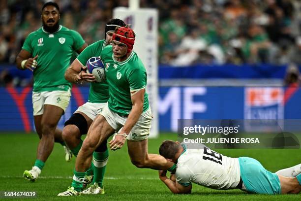 Ireland's openside flanker Josh van der Flier attempts to break away during the France 2023 Rugby World Cup Pool B match between South Africa and...