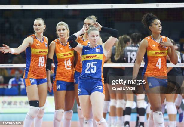 Players of Netherlands react in the FIVB Volleyball Women's Olympic Qualifying Tournament - Road to Paris 2024 match between Netherlands and Canada...