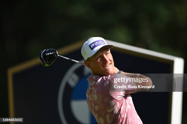 Adrian Meronk of Poland tees off on the 3rd hole during Day Three of the BMW PGA Championship at Wentworth Golf Club on September 16, 2023 in...