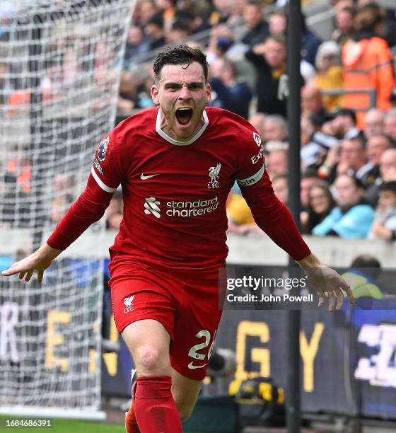 Andy Robertson of Liverpool after scoring the second goal during the Premier League match between Wolverhampton Wanderers and Liverpool FC at...