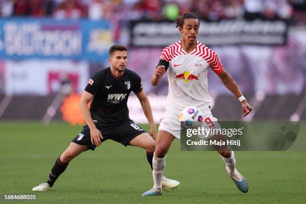 Yussuf Poulsen of RB Leipzig controls the ball during the Bundesliga match between RB Leipzig and FC Augsburg at Red Bull Arena on September 16, 2023...