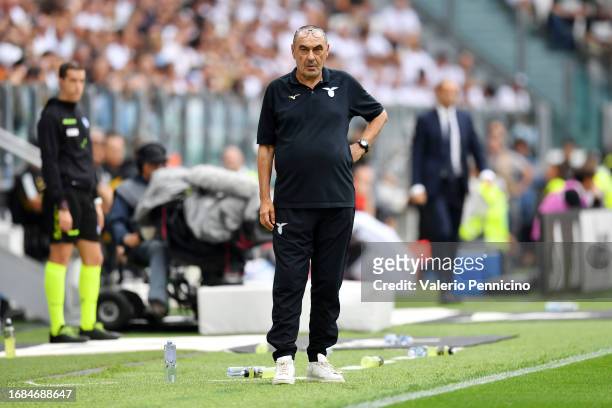 Maurizio Sarri, Head Coach of Lazio, watches on during the Serie A TIM match between Juventus and SS Lazio at Allianz Stadium on September 16, 2023...