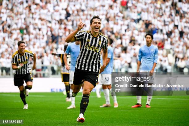 Federico Chiesa of Juventus celebrates after scoring his team's second goal during the Serie A TIM match between Juventus and SS Lazio at Allianz...