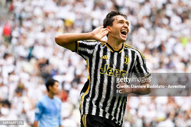 Federico Chiesa of Juventus celebrates after scoring his team's second goal during the Serie A TIM match between Juventus and SS Lazio at Allianz...