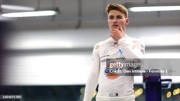 Eighteenth placed qualifier Logan Sargeant of United States and Williams reacts in the garage during qualifying ahead of the F1 Grand Prix of...