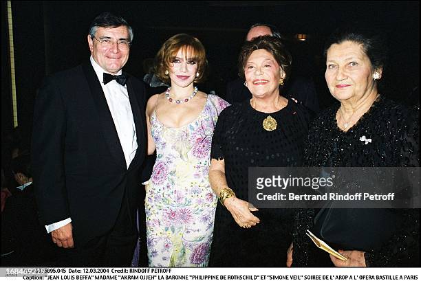 Jean Louis Beffa, Madame "Akram Ojjeh", La Baronne "Philippine De Rothschild" and "Simone Veil" at L'Arop Gala At L'Opera Bastille In Paris.