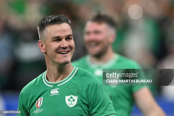 Ireland's fly-half Jonathan Sexton celebrates at the end of the France 2023 Rugby World Cup Pool B match between South Africa and Ireland at the...