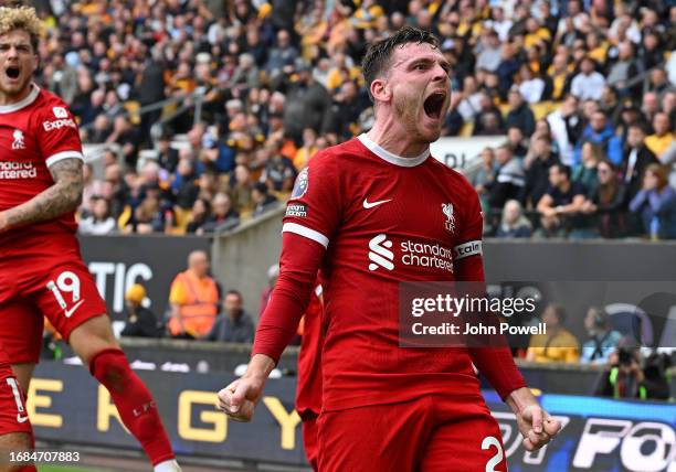 Andy Robertson of Liverpool after scoring the second goal during the Premier League match between Wolverhampton Wanderers and Liverpool FC at...