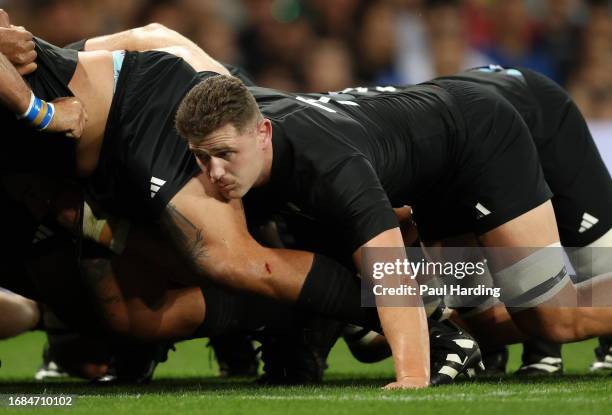 Dalton Papali'i of New Zealand in the scrum during the Rugby World Cup France 2023 match between New Zealand and Namibia at Stadium de Toulouse on...