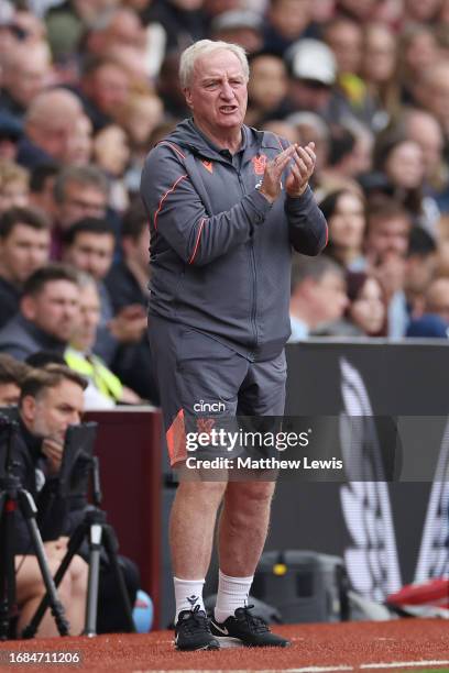 Ray Lewington Coach of Crystal Palace urges on his team during the Premier League match between Aston Villa and Crystal Palace at Villa Park on...