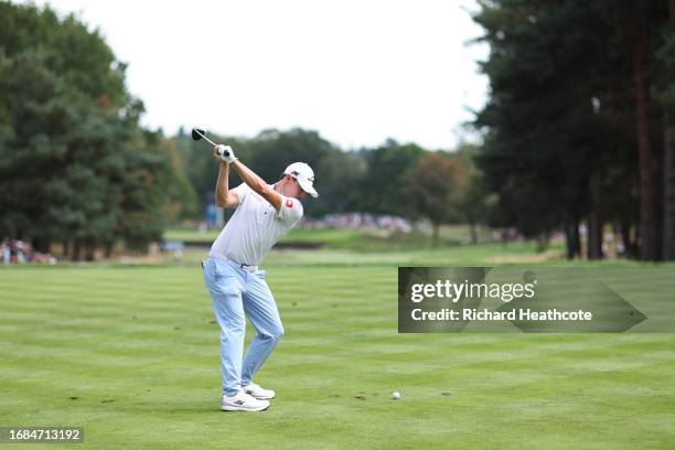 Matt Fitzpatrick of England tees off on the 8th hole during Day Three of the BMW PGA Championship at Wentworth Golf Club on September 16, 2023 in...