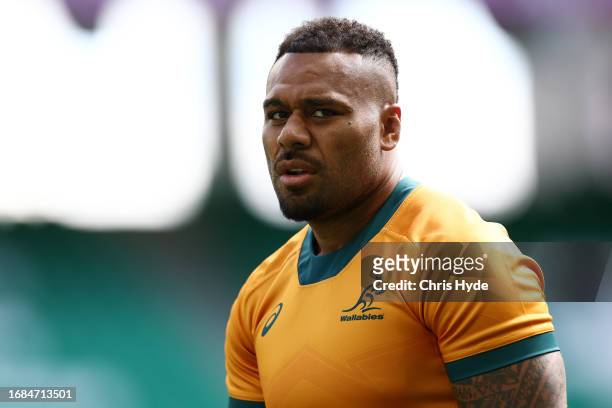 Samu Kerevi of Australia looks on ahead of their Rugby World Cup France 2023 match against Fiji at Stade Geoffroy-Guichard on September 16, 2023 in...