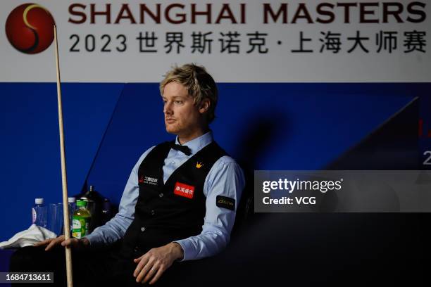 Neil Robertson of Australia reacts in the Semi-final match against Luca Brecel of Belgium on day 6 of World Snooker Shanghai Masters 2023 at Shanghai...