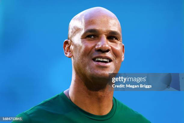 Jason Taylor looks on prior to a game between Bethune Cookman Wildcats and Miami Hurricanes at Hard Rock Stadium on September 14, 2023 in Miami...