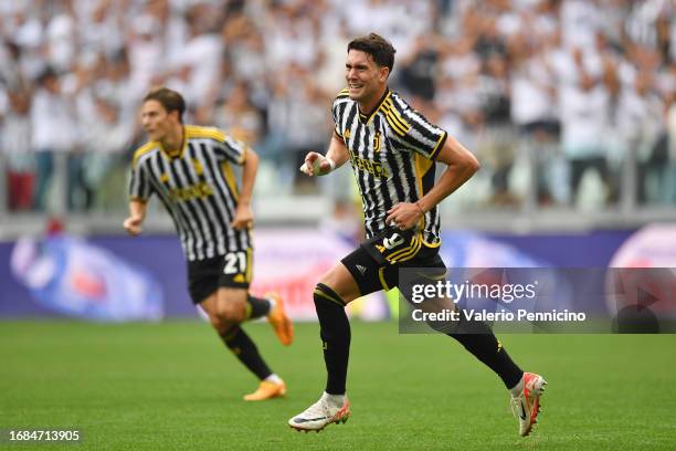 Dusan Vlahovic of Juventus celebrates after scoring the team's third goal during the Serie A TIM match between Juventus and SS Lazio at Allianz...