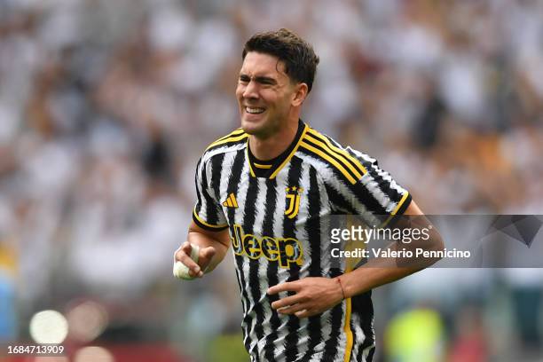 Dusan Vlahovic of Juventus celebrates after scoring the team's third goal during the Serie A TIM match between Juventus and SS Lazio at Allianz...