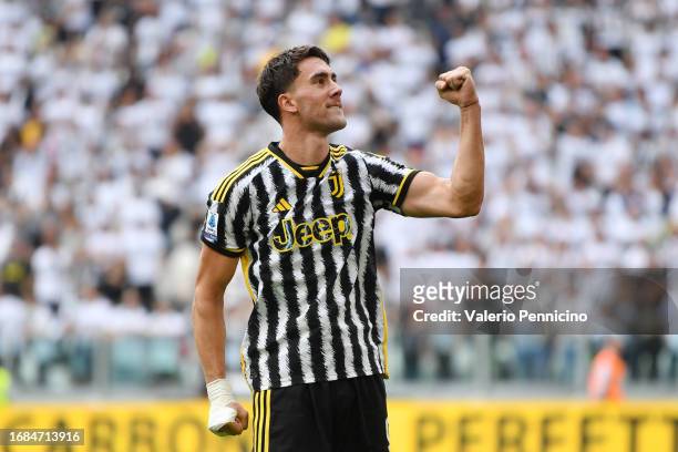 Dusan Vlahovic of Juventus celebrates after scoring the team's third goal during the Serie A TIM match between Juventus and SS Lazio at Allianz...