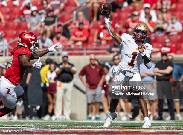 Thomas Castellanos of the Boston College Eagles throws the ball during the first half against the Louisville Cardinals at Cardinal Stadium on...