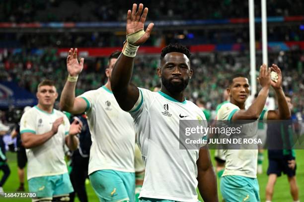 South Africa's blindside flanker Siya Kolisi greets supporters after the France 2023 Rugby World Cup Pool B match between South Africa and Ireland at...
