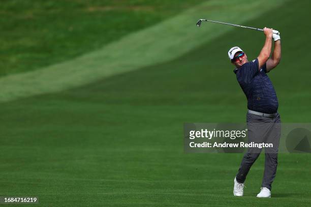 Ryan Fox of New Zealand plays his second shot on the 4th hole during Day Three of the BMW PGA Championship at Wentworth Golf Club on September 16,...