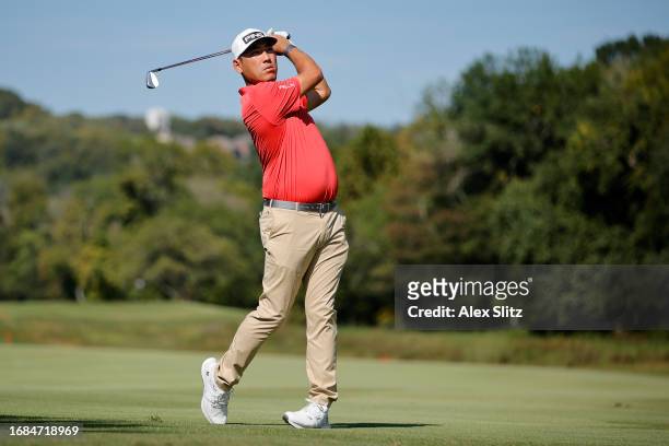 Chan Kim of the United States watches his shot on the ninth hole during the first round of the Simmons Bank Open for the Snedeker Foundation at The...