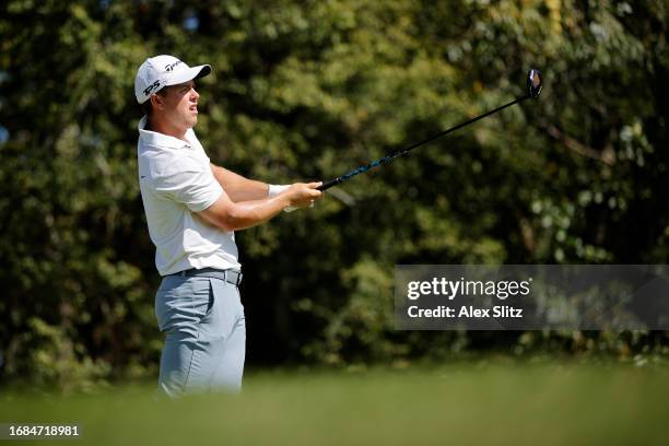 Parker Coody of the United States watches his tee shot on the eighth hole during the first round of the Simmons Bank Open for the Snedeker Foundation...