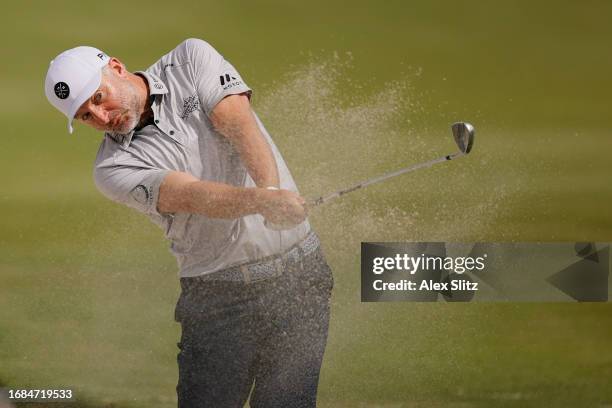 David Skinns of England plays a shot from a bunker on the sixth hole during the first round of the Simmons Bank Open for the Snedeker Foundation at...