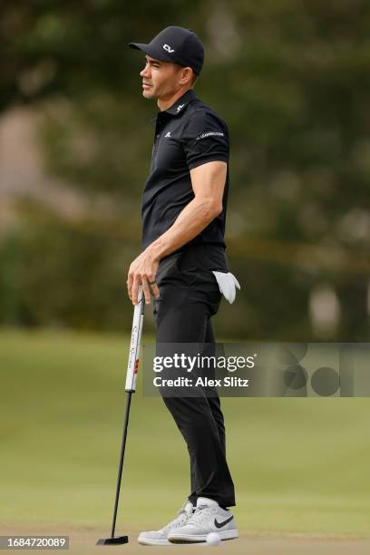 Camilo Villegas of Colombia reacts after missing a putt on the fifth green during the first round of the Simmons Bank Open for the Snedeker...