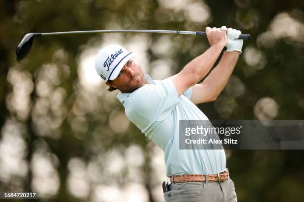 Joey Garber of the United States watches his tee shot on the eighth hole during the first round of the Simmons Bank Open for the Snedeker Foundation...