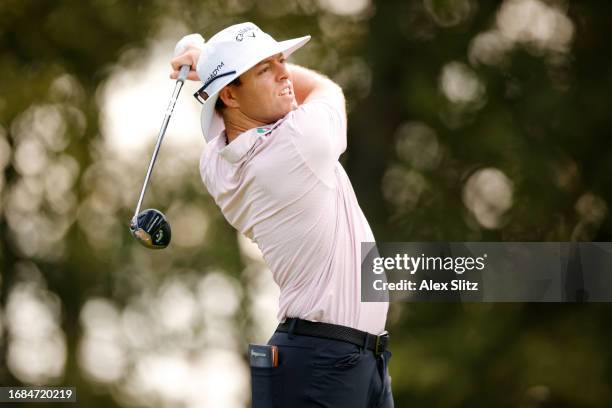 Max Greyserman of the United States watches his shot on the eighth hole during the first round of the Simmons Bank Open for the Snedeker Foundation...
