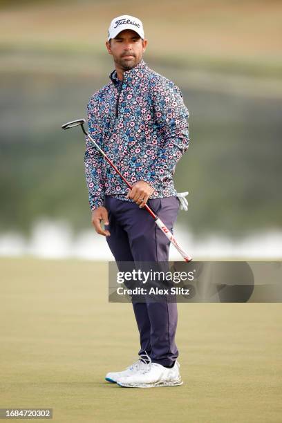 Rafael Campos of of Puerto Rico reacts after missing a putt on the sixth green during the first round of the Simmons Bank Open for the Snedeker...