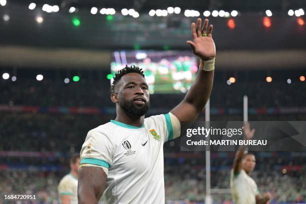 South Africa's blindside flanker Siya Kolisi reacts at the end of the France 2023 Rugby World Cup Pool B match between South Africa and Ireland at...