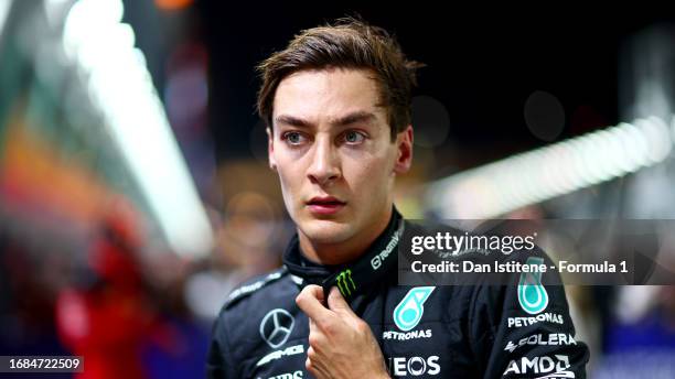 Second placed qualifier George Russell of Great Britain and Mercedes looks on in parc ferme during qualifying ahead of the F1 Grand Prix of Singapore...