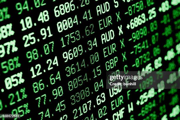 stock market screen numbers - finance + currency data - bear market stock pictures, royalty-free photos & images