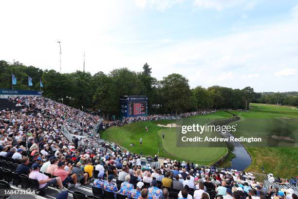 General view as Rory McIlroy of Northern Ireland plays his fourth shot on the 18th hole during Day Three of the BMW PGA Championship at Wentworth...