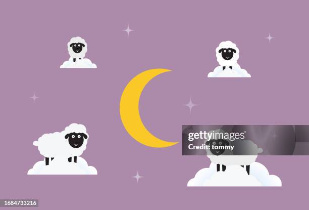 counting sheep beneath the moon for insomnia and sleeplessness concept - sleep sheep stock illustrations