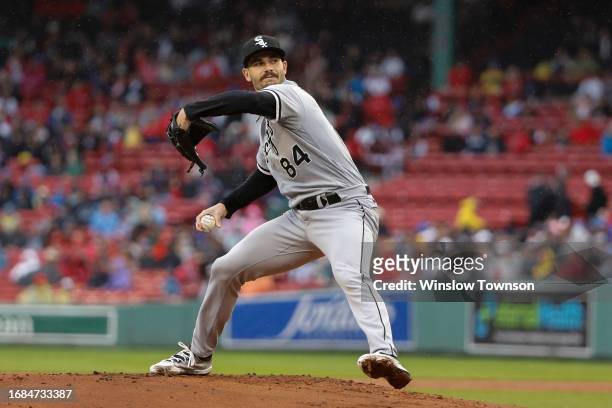 Dylan Cease of the Chicago White Sox pitches during the first inning against the Boston Red Sox at Fenway Park on September 23, 2023 in Boston,...