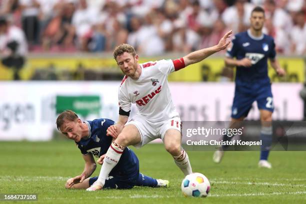 Maximilian Beier of Hoffenheim challenges Florian Kainz of Koeln during the Bundesliga match between 1. FC Köln and TSG Hoffenheim at...