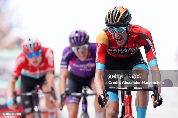 Wout Poels of The Netherlands and Team Bahrain - Victorious celebrates at finish line as stage winner during the 78th Tour of Spain 2023, Stage 20 a...