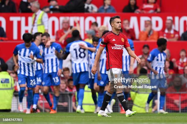 Sergio Reguilon of Manchester United looks dejected after Pascal Gross of Brighton & Hove Albion scores their sides second goal during the Premier...