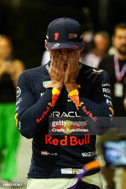 Max Verstappen of the Netherlands and Red Bull Racing exiting the FIA garage after qualifying ahead of the F1 Grand Prix of Singapore at Marina Bay...