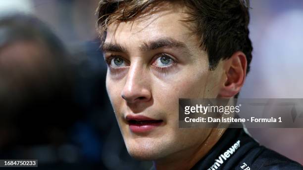 Second placed qualifier George Russell of Great Britain and Mercedes looks on in parc ferme during qualifying ahead of the F1 Grand Prix of Singapore...