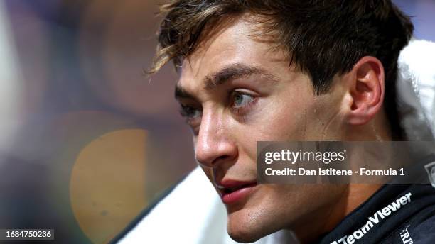 Second placed qualifier George Russell of Great Britain and Mercedes looks on in parc ferme during qualifying ahead of the F1 Grand Prix of Singapore...