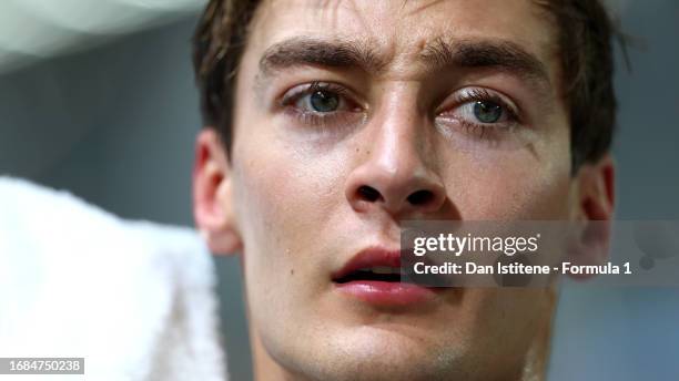 Second placed qualifier George Russell of Great Britain and Mercedes looks on in parc ferme during qualifying ahead of the F1 Grand Prix of Singapore...