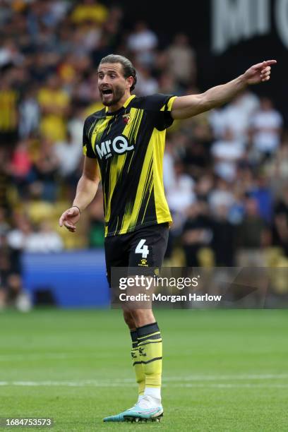 Wesley Hoedt of Watford reacts to his yellow card during the Sky Bet Championship match between Watford and Birmingham City at Vicarage Road on...
