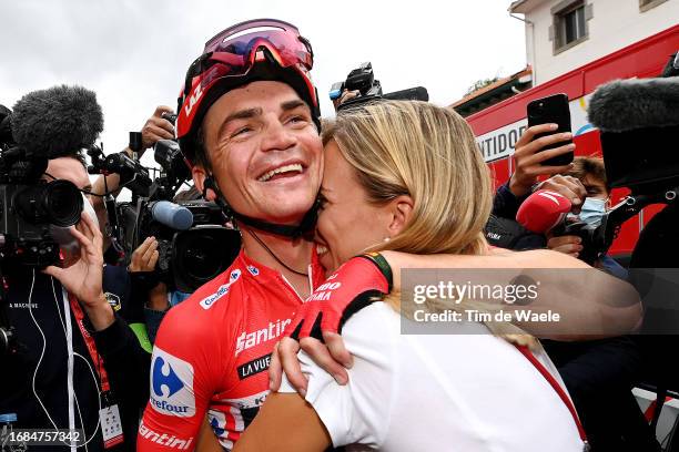 Sepp Kuss of The United States and Team Jumbo-Visma - Red Leader Jersey with his wife Noemi Ferré of Spain celebrate the victory of the 78th Tour of...