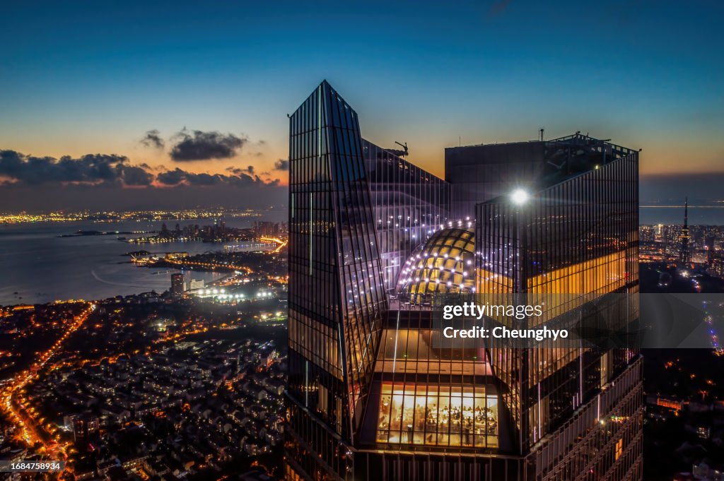 Drone Point View of the Local Landmark of Qingdao Cityscape at Twilight