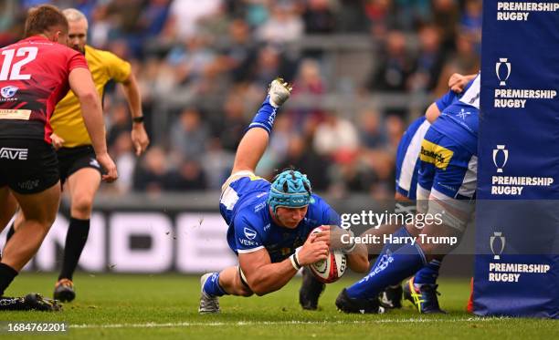 Ross Vintcent of Exeter Chiefs goes over to score their sides fourth try during the Premiership Rugby Cup match between Exeter Chiefs and Cornish...