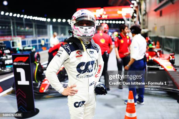 Tenth placed qualifier Liam Lawson of New Zealand and Scuderia AlphaTauri looks on in parc ferme during qualifying ahead of the F1 Grand Prix of...